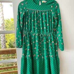 Mini Boden Green Polka Dot Floral Long-Sleeve Dress, Drawstring Waist, 11-12 Yrs